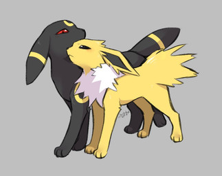 ambiguous_gender black_body black_ears black_fur black_nose black_tail blush duo feral fur paws red_sclera tail white_body white_fur yellow_body yellow_ears yellow_fur yellow_tail tsukune_minaga nintendo pokemon eeveelution generation_1_pokemon generation_2_pokemon jolteon pokemon_(species) umbreon 2024