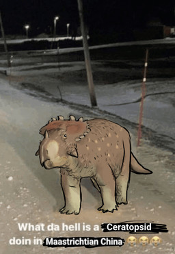 ambiguous_gender beak bone_frill brown_body brown_scales claws facial_horn feet feral frill_(anatomy) horn nose_horn photo_background realistic scales snow solo spikes spikes_(anatomy) street_lamp tan_body tan_scales text toe_claws toes literallymiguel centrosaurine ceratopsian ceratopsid dinosaur marginocephalian ornithischian prehistoric_species reptile scalie sinoceratops draw_over english_text low_res photography_(artwork)