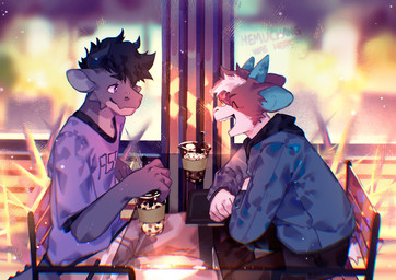 5_fingers ^_^ anthro beverage blue_body blue_clothing blue_hoodie blue_scales blue_shirt blue_topwear brown_body brown_fur bubble_tea chair clothing duo eyes_closed fingers fur furniture hoodie male on_chair scales shirt sitting sitting_on_chair slim_anthro slim_male smile smiling_at_another topwear white_body white_fur white_scales hemuchang european_mythology mythology bovid caprine dragon goat mammal mythological_creature mythological_scalie scalie western_dragon 2022 hi_res