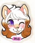 :3 badge brown_hair female fur hair pink_body pink_fur purple_eyes solo tan_body tan_fur white_body white_fur white_hair freeze-pop88 felid feline hybrid leopardus mammal ocelot pantherine snow_leopard headshot_portrait hi_res portrait traditional_media_(artwork)