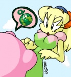 aged_up big_breasts breasts clothed clothing duo female food fruit heart_symbol melon not_furry plant speech_bubble watermelon praiz kirby:_right_back_at_ya! kirby_(series) nintendo fumu-tan_of_the_stars kirby tiff_(kirby) alien humanoid low_res pictographics