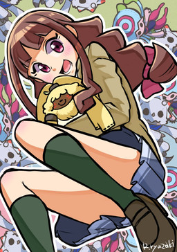 anthro blush bottomwear chibi clothing female fur hair hair_over_eyes long_ears male ponytail_ears school_uniform skirt uniform yellow_body yellow_fur rui86ryuzaki bandai_namco digimon digimon_ghost_game ruri_tsukiyono angoramon digimon_(species) gammamon human jellymon lagomorph leporid mammal rabbit