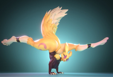 anthro armwear barefoot big_breasts black_armwear black_clothing black_elbow_gloves black_gloves black_handwear black_leotard blue_eyes breasts clothed clothed_anthro clothed_female clothing elbow_gloves eyewear feet female fingerless_gloves flexible fluffy fluffy_tail fur glasses gloves handstand handstand_with_split_pose handwear huge_breasts leotard looking_at_viewer multicolored_body multicolored_fur solo tail teal_eyes thick_thighs two_tone_body two_tone_fur wearing_glasses white_body white_fur yellow_body yellow_fur vllrukkin mayosplash_(modeler) bandai_namco digimon digi_(yourdigimongirl) fan_character digimon_(species) renamon 2025 3d_(artwork) blender_(artwork) digital_media_(artwork) hi_res