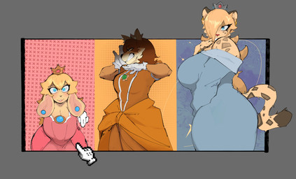 alternate_species anthro big_breasts blonde_hair blue_clothing blue_dress blue_eyes breasts brown_body brown_fur clothing crown dress ear_piercing eyelashes female fur furrification gloves group hair hair_over_eye handwear headgear huge_breasts long_eyelashes markings orange_clothing orange_dress piercing pink_clothing pink_dress princess royalty spots spotted_face spotted_markings spotted_shoulders spotted_tail tail tail_markings take_your_pick tan_body tan_fur trio tuft woomi_e mario_bros nintendo super_mario_galaxy princess_daisy princess_peach rosalina_(mario) canid canine lagomorph leporid mammal rabbit hi_res