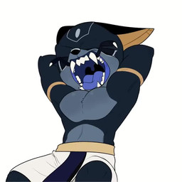 anthro big_ears blue_mouth blue_tongue bottomwear chelicerae clothing countershade_torso countershading fangs glowing glowing_eyes hands_behind_head kilt male no_pupils open_mouth sharp_teeth sitting solo teeth throat tongue tongue_out uvula wide-open_mouth yawn tusk_nx egyptian_mythology middle_eastern_mythology mythology sega sonic_the_hedgehog_(series) fan_character smert_ahmed_(tusk_nx) canid canine canis jackal mammal 1:1 animated no_sound short_playtime