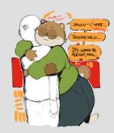 abstract_background anthro big_butt blush bottomwear brown_body brown_fur butt butt_from_the_front clothing comforting countershade_face countershading denim denim_bottomwear denim_clothing dipstick_tail eyes_closed femboy fur green_clothing green_sweater green_topwear head_on_shoulder heart_symbol hug huge_butt hugging_another jeans male markings overweight overweight_male pants patch_(fabric) purring shirt smile sweater t-shirt tail tail_markings text topwear uwu whiskers white_body white_countershading wide_hips neato5 anon lucas_(elchilenito) domestic_cat felid feline felis human mammal 2025 colored digital_drawing_(artwork) digital_media_(artwork) english_text