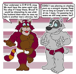 allcaps anthro barefoot black_nose black_text blue_sclera briefs briefs_only brown_body brown_eyes brown_fur brown_nose clothed clothing colored_seam_briefs colored_seam_underwear crotch_grab detailed_background dialogue duo eyebrows feet fur gesture grabbing_self grey_body grey_fur grope gums hand_gesture male male/male maroon_briefs maroon_fur maroon_underwear marroon_briefs musclegut muscular navel open_mouth open_smile orange_body orange_fur orange_seam_briefs orange_seam_underwear overweight overweight_male pattern_background red_body red_fur sharp_teeth simple_background smile speech_bubble striped_background tan_body tan_fur teeth teeth_showing text thick_eyebrows tighty_whities tongue tongue_out topless topless_anthro topless_male trading_underwear underwear underwear_only underwear_trade v_sign wearing_another's_underwear white_body white_briefs white_clothing white_fur white_underwear brucebadger bruce_(brucebadger) colin_(brucebadger) ailurid badger mammal mustelid musteline red_panda english_text