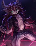 anthro bdsm blue_eyes bondage bottomwear bound clothing countershading eye_contact green_eyes jacket looking_at_another male pants solo topwear nurinaki yu-gi-oh! beat_bladesman_fur_hire fur_hire duel_monster eulipotyphlan hedgehog mammal 2022