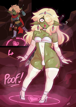 armor blonde_hair blush breasts bulge clothed clothing femboy green_body hair humanoid_pointy_ears long_hair male pink_eyes pointy_ears loggus_doggus goblin humanoid 2025 absurd_res hi_res