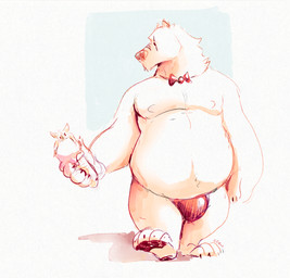 ambiguous_feral ambiguous_gender anthro black_pawpads bottomwear bulge clothed clothing dessert duo feral food front_view fur holding_food holding_ice_cream_cone holding_object ice_cream ice_cream_cone male nipples obese obese_anthro obese_male overweight overweight_anthro overweight_male pawpads red_bottomwear red_clothing size_difference standing topless white_body white_fur chocolateandmilk bat bear mammal polar_bear ursine 2020 dated hi_res