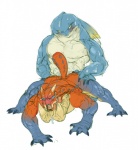 abs all_fours ambiguous_gender anthro biceps big_muscles blush bodily_fluids claws doggystyle duo from_behind_position huge_muscles male muscular muscular_male pecs saliva sex simple_background sweat tusks what white_background custapple capcom monster_hunter amphibian amphibian_(mh) fish marine scalie shark tetsucabra zamtrios 2015