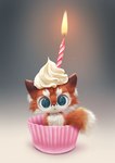 ambiguous_gender birthday_candle black_body black_eyes black_fur cupcake_wrapper feral fire front_view frosting frown fur looking_at_viewer red_body red_fur solo whiskers white_body white_fur silverfox5213 big_nug canid canine fox mammal red_fox true_fox 2025 male_(lore)