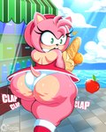 anthro ass_clapping backless_clothing backless_dress big_butt butt cellulite clothed clothing dress female groceries oblivious onomatopoeia panties pink_body short_stack solo sound_effects text thick_thighs underwear upskirt white_clothing white_panties white_underwear wide_hips tenjosan sega sonic_the_hedgehog_(series) amy_rose eulipotyphlan hedgehog mammal 4:5 absurd_res hi_res