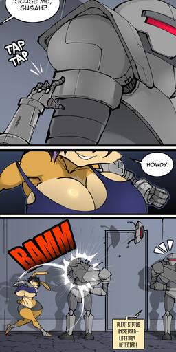 anthro big_breasts bottomwear breasts clothing dialogue female huge_breasts machine robotic_arm shirt shorts speech_bubble tank_top text topwear under_boob hayakain sega sonic_the_hedgehog_(series) bunnie_rabbot swatbot lagomorph leporid mammal rabbit robot english_text hi_res