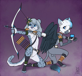 accessory action_pose adolescent anthro armlet arrow_(weapon) backsack balls beak belt biped blue_eyes bow_(weapon) bracelet casual_nudity claws countershade_face countershading digitigrade duo feathered_wings feathers female female_anthro flaccid flat_chested flower flower_in_hair foreskin freckles fur genitals grey_body grey_fur hair hair_accessory holding_bow_(weapon) holding_object holding_ranged_weapon holding_weapon humanoid_genitalia humanoid_penis inner_ear_fluff jewelry kneeling leglet loli male male_anthro mostly_nude multicolored_body nipples on_one_knee open_mouth penis pink_nose plant pose quiver_(object) ranged_weapon shota simple_background solarpunk tribal tuft two_tone_body vulva weapon whiskers white_body white_fur wings young young_anthro young_female young_male lichfang mythology abigail_(caloh) amino_(caloh) avian felid gryphon mammal mythological_avian mythological_creature pantherine snow_leopard 2022 hi_res