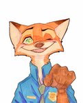 anthro cheek_tuft clothed clothing dipstick_ears ear_markings facial_tuft fur green_eyes multicolored_ears neck_tuft necktie one_eye_closed open_mouth open_smile orange_body orange_fur shirt simple_background smile solo topwear tuft white_background wink strawberry628_(artist) disney zootopia nick_wilde canid canine fox mammal red_fox true_fox 2020 hi_res painting_(artwork) traditional_media_(artwork) traditional_painting_(artwork) traditional_watercolor_(artwork) watercolor_(artwork)