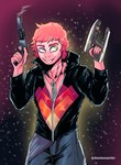 5_fingers anthro bottomwear clothed clothing cosmic_background fingers gun guns_akimbo hair holding_gun holding_object holding_ranged_weapon holding_weapon jacket jewelry male open_clothing open_jacket open_topwear pants pendant pink_body pink_hair pink_skin purple_eyes ranged_weapon science_fiction smile solo topwear weapon white_eyes deadassspider goodbye_volcano_high reed_(gvh) dinosaur dromaeosaurid prehistoric_species reptile scalie theropod velociraptor colored crossover hi_res shaded