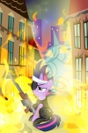 bandage building burning_building city clothing eye_patch eyewear female feral fire fur gun hair horn manehattan multicolored_hair purple_body purple_fur purple_hair ranged_weapon rifle rip scar sculpture skinsuit solo statue tail tattoo tight_clothing two_tone_hair weapon pixelkitties friendship_is_magic hasbro my_little_pony mythology twilight_sparkle_(mlp) cobra equid equine mammal mythological_creature mythological_equine reptile scalie snake unicorn 2012 2:3 hi_res