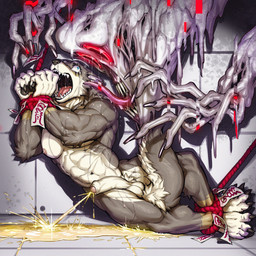 anthro areola balls biped blue_eyes bodily_fluids bound claws countershade_face countershade_fur countershade_tail countershade_torso countershading creepy duo fangs fear_peeing fingers flaccid foreskin fur genital_fluids genitals glans half-erect humanoid_genitalia humanoid_penis kemono male muscular muscular_anthro muscular_male nightmare_fuel nipples open_mouth peeing penis red_eyes scared scary tail tail_between_legs teeth tongue tongue_out urine urine_on_ground urine_pool watersports jacketbear vtuber ogami_aratsuka canid canine canis ghost mammal spirit wolf 1:1 hi_res