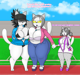 anthro arena athletic_wear big_breasts big_butt bikini breast_squish breasts breasts_frottage butt cigarette clothed clothing condom crossed_arms day detailed_background dialogue eyewear female female/female footwear glasses group hand_holding hat headgear headwear high_heels jewelry larger_female midriff navel outside overweight platform_footwear platform_heels purse sexual_barrier_device shoes shortstack size_difference slightly_chubby smaller_female smoking squish standing swimwear text thick_thighs trio two-piece_swimsuit raki_boi twitter undertale undertale_(series) college_tem_(jyto) temmie_(undertale) temren_(jyto) tem english_text hi_res