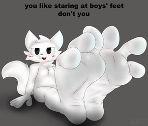 3_toes anthro big_feet black_nose blush cheek_tuft facial_tuft feet foot_fetish foot_focus fur fur_tuft grey_background hand_on_ground head_tuft humanoid_feet looking_at_viewer male nude_anthro nude_male open_mouth open_smile plantigrade red_tongue simple_background sitting smile soles solo tail talking_to_viewer teasing teasing_viewer text toes tongue tuft white_body white_fur skonczonyidiota boy_kisser_(meme) silly_cat_(mauzymice) domestic_cat felid feline felis mammal english_text hi_res meme