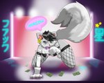 all_fours anthro armwear ass_up banknote black_hair bow_tie bra breasts cat_lingerie clothing ear_piercing ear_tag facial_markings female fishnet_clothing fishnet_legwear fishnet_thigh_highs fluffy fluffy_tail fur gloves grey_body grey_fur hair hand_lick handwear head_markings kneeling legwear licking lingerie maid_uniform markings meow money neon_lights paw_gloves paws piercing solo speech_bubble spotlight stage stage_lights star strip_club tail text thigh_highs tongue tongue_out underwear uniform teasnapple teevie felid feline mammal 5:4 hi_res