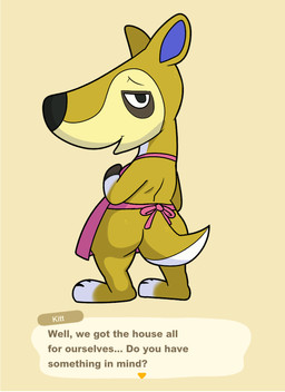 anthro apron apron_only biped black_nose blue_inner_ear butt clothing dialogue female fur looking_at_viewer looking_back looking_back_at_viewer mature_anthro mature_female multicolored_body multicolored_fur open_mouth open_smile pink_apron pink_clothing rear_view simple_background smile solo standing tail tan_background tan_body tan_fur text white_body white_fur impstripe animal_crossing nintendo kitt_(animal_crossing) kangaroo macropod mammal marsupial 2026 digital_media_(artwork) english_text hi_res