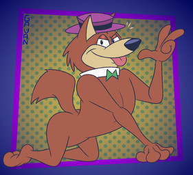 abstract_background all_fours anthro bent_over bow_tie brown_body brown_fur butt casual_nudity cheek_tuft clothing facial_tuft fur gesture hand_gesture hat headgear headwear kneeling male smug solo tongue tongue_out toony tuft v_sign gavanzude hanna-barbera hokey_wolf hokey_wolf_(character) canid canine canis mammal wolf alternate_version_at_paywall digital_drawing_(artwork) digital_media_(artwork) hi_res signature