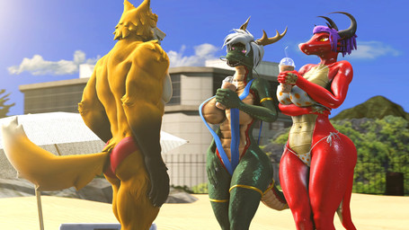 anthro arm_under_breasts beach beverage big_breasts big_butt bikini breasts butt clothing curvy_figure detailed_background female fingers fur green_body green_scales group hair horn huge_butt male multicolored_body multicolored_fur multicolored_scales muscular muscular_anthro muscular_male navel nipple_outline one-piece_swimsuit outside pink_eyes purple_hair red_body red_scales scales seaside side-tie_bikini sling_bikini smile speedo standing string_bikini swimwear tail tan_body tan_scales teeth thick_thighs tongue two-piece_swimsuit two_tone_body two_tone_fur two_tone_scales whiskers white_body white_fur white_hair wide_hips yellow_body yellow_eyes yellow_fur billynr petruz_(modeler) asian_mythology east_asian_mythology mythology dragon_(petruz) eastern_dragon_(petruz) canid canine dragon eastern_dragon fox mammal mythological_creature mythological_scalie scalie 16:9 2020 3d_(artwork) digital_media_(artwork) hi_res source_filmmaker_(artwork) widescreen
