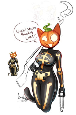 anthro bulge clothing costume dialogue female food for_a_head fruit gun handgun looking_at_viewer pistol plant pumpkin pumpkin_head ranged_weapon rifle smoke solo stem tail thick_thighs weapon ccruelangel epic_games fortnite spice_(fortnite) felid mammal object_head hi_res sketch