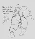 2019 anthro balls butt chastity_cage chastity_device clothing digital_media_(artwork) english_text fish furgonomics furry-specific_piercing genitals hi_res looking_at_viewer male marine monochrome nsfsushi penis piercing shark simple_background sketch solo text