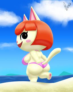 anthro beach big_breasts big_butt black_eyes blush blush_stickers breasts butt clothing cloud eyelashes female fur hair looking_at_viewer looking_back looking_back_at_viewer orange_hair pawpads pink_clothing pink_swimwear rear_view sea short_hair shortstack shortstack_female sky smile solo swimwear tan_body tan_fur thick_thighs water wide_hips supermoonshroom animal_crossing nintendo felicity_(animal_crossing) domestic_cat felid feline felis mammal absurd_res hi_res
