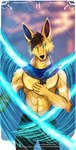 abs abstract_background angry anthro biceps black_nose blurred_background bottomwear brown_ears brown_hair canid canine canis clothed clothing costume fangs fire flaming_wings fur glistening glistening_eyes hair hi_res hynvale jackal looking_at_viewer male mammal markings muscular muscular_male neck_tuft pants portrait siber_(thegoldenjackal) simple_background smile smirk solo teeth text three-quarter_portrait topless topless_anthro tuft unusual_anatomy unusual_wings url white_markings wings wings_folded yellow_body