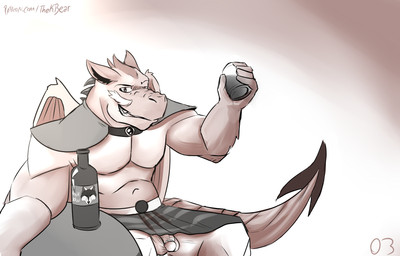 alcohol anthro balls beer beverage bottomwear circumcised clenched_teeth clothed clothing drunk flaccid genitals grin guard kilt looking_at_viewer male muscular muscular_male no_underwear penis simple_background smile solo substance_intoxication tail teeth text upskirt wings thekinkybear mythology dragon mythological_creature mythological_scalie scalie hi_res shaded url