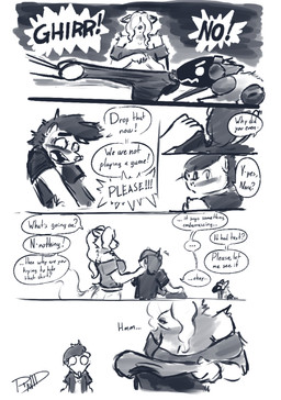 ambiguous_gender anthro clothing clothing_pull covered_eyes dialogue fancy_clothing female feral fluffy fluffy_tail group inspection machine male panicked_look shoulder_grab tail text trio yelling ravid_anml ghirr_firewire_mertens_(ravid_anml) nora_seulis_(ravid_anml) tobias_hecaucatl_(ravid_anml) american_opossum canid canine canis mammal marsupial protogen wolf absurd_res comic english_text hi_res