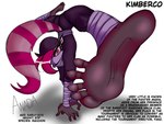 5_toes anthro face_mask feet female foot_focus humanoid_feet magenta_hair mind_control ninja plantigrade soles solo spiral_eyes text toes walking_on_hands warrior kimberco mammal procyonid raccoon 2021 artist_name english_text hi_res