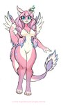 anthro blue_body blue_eyes blue_fur braided_hair feathers female fur hair horn long_hair long_tail pink_body pink_feathers pink_hair solo tail white_body white_feathers wings kittellox_(artist) mythology elsprada dragon feathered_dragon feathered_scalie mythological_creature mythological_scalie scalie alternate_version_at_source hi_res