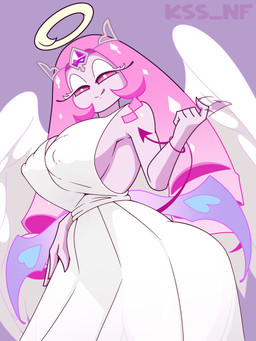 big_breasts breasts clothed clothing dress eyelashes feathered_wings feathers female front_view hair halo licking licking_lips licking_own_lips long_hair looking_at_viewer nipple_outline pink_hair pink_sclera pink_tail purple_background side_boob simple_background smile solo spade_tail tail tongue tongue_out white_body white_clothing white_dress white_eyes white_eyeshadow white_feathers wide_hips wings kss_nf cookie_run eternal_sugar_cookie cookie_(cookie_run) humanoid tailed_humanoid winged_humanoid 3:4 hi_res