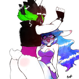 5_fingers anthro arms_bent bangs big_breasts black_choker black_clothing black_fingerless_gloves black_gloves black_hair black_handwear black_jewelry black_necklace black_topwear black_vest blue_eyes blue_hair blush blushing_profusely bottomless bottomless_anthro bottomless_female breasts butt choker cleavage clothed clothed_anthro clothed_female clothing curvy_figure dipstick_ears dominant dominant_anthro dominant_female dress duo ear_markings ears_down eye_contact eyebrows eyelashes eyelashes_through_hair female female/female female_anthro fingerless_gloves fingers fur gloves green_eyebrows green_hair hair half-closed_eyes handwear jewelry light long_ears long_eyelashes long_hair looking_at_another looking_down looking_down_at_partner looking_up_at_partner markings medium_breasts multicolored_ears multicolored_hair narrowed_eyes necklace noseless open_clothing open_mouth open_smile open_topwear open_vest pivoted_ears purple_blush purple_body purple_clothing purple_dress purple_ear_tips purple_eyelids purple_eyes purple_hair purple_inner_ear purple_shirt purple_skin purple_tank_top purple_topwear raised_arm scut_tail shirt short_hair short_tail simple_background sitting smile spiky_hair standing tail tank_top text thick_eyebrows thick_thighs topwear torn_tank_top translucent translucent_hair two_tone_hair vest white_background white_body white_fur white_tail wide_eyed gloom_arts mario_bros mario_plus_rabbids_sparks_of_hope nintendo raving_rabbids rayman_(series) ubisoft edge_(mario_plus_rabbids) midnite_(mario_plus_rabbids) spark_hunter ghost hybrid lagomorph mammal rabbid spirit 1:1 2022 artist_name colored crossover digital_drawing_(artwork) digital_media_(artwork) english_description hi_res lighting shaded