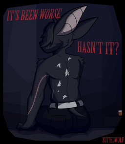 amputated_wing anthro arm_tuft back_pockets bed belt big_ears biped black_body black_bottomwear black_clothing black_fur black_hair black_pants black_tail bottomwear cheek_tuft clothed clothing dark ears_back facial_tuft fur furniture grabbing_bedding hair hair_over_eyes head_tuft humanoid_hands looking_back male markings missing_wings neck_tuft nightstand on_bed pants pill_bottle pink_inner_ear pivoted_ears presenting_back question question_mark red_text scar short_tail shoulder_blades shoulder_tuft sitting sitting_on_bed solo surgical_scar tail text topless tuft white_belt white_body white_fur white_markings wing_scar suitedwolfie cain_(suitedwolfie) bat mammal wingless_bat 2026 artist_name digital_drawing_(artwork) digital_media_(artwork) english_text hi_res shaded watermark