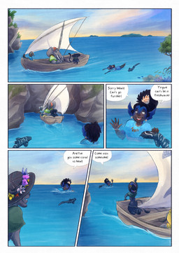5_fingers anthro black_body black_fur clothed clothing cloud dark_body day dialogue dialogue_box ear_fins female fin fingers fur grey_body open_mouth open_smile partially_submerged proboscis_(anatomy) sea sky smile speech_bubble split_form swimming tail text trunk_(anatomy) water bjekkergauken mythology imbali_(bjekkergauken) isilo_(bjekkergauken) aquatic elephant elephantid humanoid mammal merfolk proboscidean unknown_species 2026 colored comic english_text hi_res