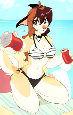 anthro biped breasts claws clothed clothed_anthro clothed_female clothing countershade_torso countershading day ear_piercing female fingers front_view fur hair kneeling looking_at_viewer navel o-ring outside piercing sky smile solo spots spotted_face spotted_hips tail wolflady danika_(wolflady) canid canine canis domestic_dog mammal 2026 digital_drawing_(artwork) digital_media_(artwork)