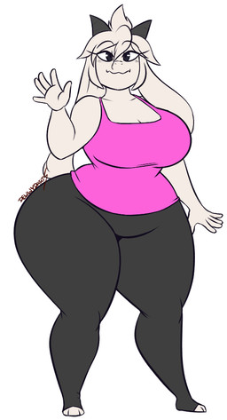 anthro big_breasts black_clothing black_leggings black_legwear breasts brown_eyes cleavage clothed clothing female fur hair huge_breasts leggings legwear pink_clothing pink_shirt pink_tank_top pink_topwear shirt solo tank_top thick_thighs topwear white_body white_fur white_hair wide_hips dewwydarts bovid caprine goat mammal 2025 character_request