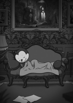 anthro bedding biped black_body black_nose blanket closed_smile eyes_closed furniture head_tuft lamp long_ears lying lying_on_sofa male mouth_closed on_side on_sofa painting_(object) pillow sleeping smile sofa solo toony tuft victorian white_body minum lagomorph leporid mammal rabbit 2025 absurd_res greyscale hi_res monochrome