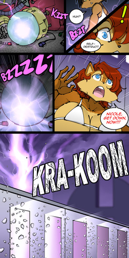 anthro bikini breasts clothing dialogue explosion female machine speech_bubble swimwear text two-piece_swimsuit hayakain archie_comics sega sonic_the_hedgehog_(archie) sonic_the_hedgehog_(comics) sonic_the_hedgehog_(series) nicole_the_lynx sally_acorn chipmunk felid feline ground_squirrel lynx mammal robot rodent sciurid comic english_text hi_res