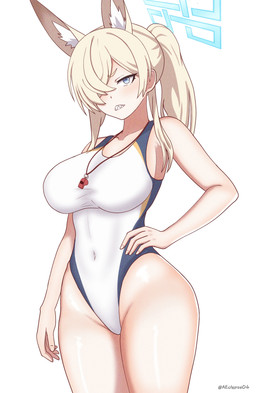 4_ears animal_ears big_breasts blonde_hair blue_eyes breasts clothed clothed_female clothed_humanoid clothing female hair hair_over_eye hand_on_hip human_ears inner_ear_fluff legs_together looking_at_viewer multi_ear navel_outline one-piece_swimsuit ponytail simple_background small_waist solo swimwear text tight_clothing tight_swimwear tuft twitter_handle whistle_(object) white_background wide_hips eclypsea kanna_(blue_archive) animal_humanoid canid canid_humanoid canine canine_humanoid dog_humanoid humanoid mammal mammal_humanoid 2024 absurd_res artist_name hi_res portrait three-quarter_portrait