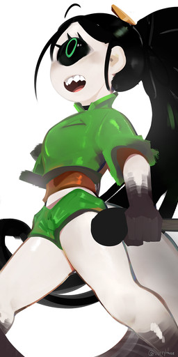 1_eye accessory big_eyes big_tail biped black_body black_hair black_sclera black_skin clothed clothing dark_body dark_skin electronics fully_clothed gloves_(marking) green_clothing green_eyes hair hair_accessory holding_object humanoid_hands light_body light_skin long_hair long_tail markings microphone monster_girl_(genre) multicolored_body multicolored_skin noseless open_mouth pale_skin ponytail sharp_teeth side_view simple_background solo standing tail teeth two_tone_body two_tone_skin two_tone_tail walking white_background white_body white_skin jurry ata_(anaid) cyclops humanoid longtailclops mammal tailclops_(species) hi_res