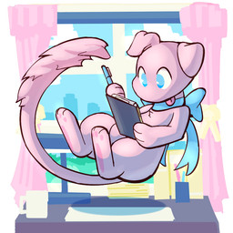 alternate_form blue_eyes bow_ribbon chest_tuft city cityscape clipboard coffee_mug curtains desk female feral floating floppy_ears fluffy fluffy_tail fur furniture long_tail pawpads paws pink_body pink_fur solo table tail thick_thighs tongue tongue_out tuft window writing_utensil unknown_artist nintendo pokemon aludra_(clovercorvus) canid canine generation_1_pokemon legendary_pokemon mammal mew_(pokemon) pokemon_(species) 1:1 source_request