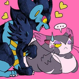 :< ambiguous/ambiguous ambiguous_feral ambiguous_gender arm_tuft black_body black_fur blue_body blue_ears blue_fur blush blush_lines bodily_fluids claws dipstick_ears duo ear_markings ellipsis fangs feral feral_on_feral fur grey_body grey_ears grey_fur head_tuft heart_symbol hearts_around_head kemono loaf looking_at_another lying mane multicolored_body multicolored_ears multicolored_fur no_sclera on_front one_eye_closed pink_background pink_ear_tips pink_ears pink_inner_ear pink_nose pink_sclera pupils quadruped shoulder_tuft side_view simple_background sitting speech_bubble sweat sweatdrop teeth toe_claws tuft whiskers white_body white_claws white_fur yellow_body yellow_eyes yellow_fur yellow_inner_ear powerandy nintendo pokemon felid feline generation_4_pokemon luxray mammal pantherine pokemon_(species) purugly 1:1 2025 colored digital_media_(artwork) shaded simple_shading