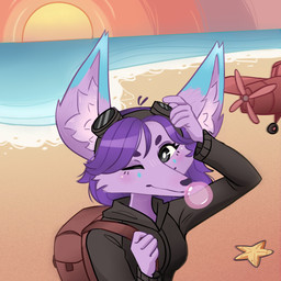 aircraft airplane anthro backpack beach blowing_bubble_gum bubble bubble_gum candy clothed clothing dessert female food fur gum hair inflating one_eye_closed outside pink_body pink_fur purple_hair seaside solo sunset vehicle wink anacarloinafan paige_saba canid canine fennec_fox fox mammal true_fox 1:1 hi_res